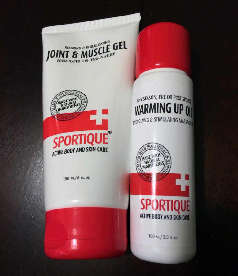 Sportique Joint and Muscle Gel and Warming Up Oil bottles for review.