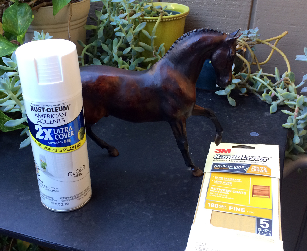 Do It Yourself of repainting Breyer model for home decor. Supplies for project.
