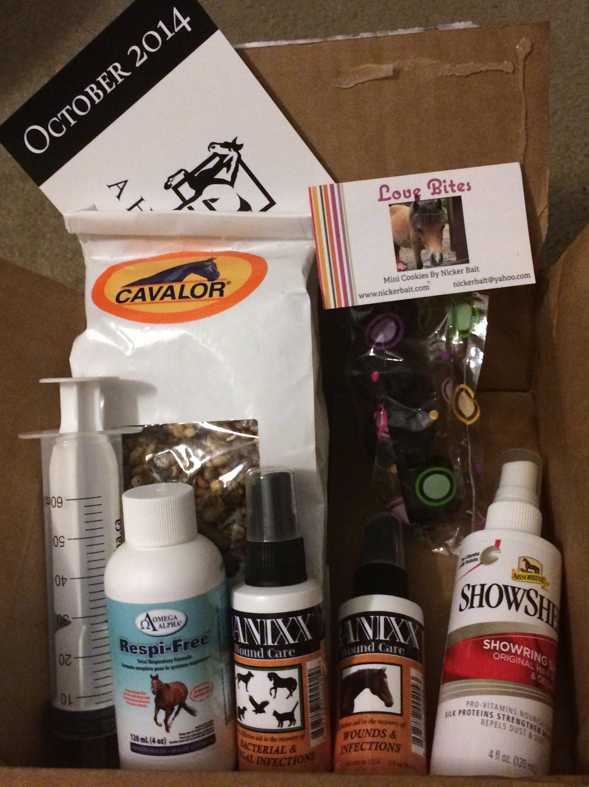A Horse Box October 2014 review with Banixx, Showsheen Spray, Respi-free, Cavalor Fifty-Fifty, and NickerBait Love Bites.